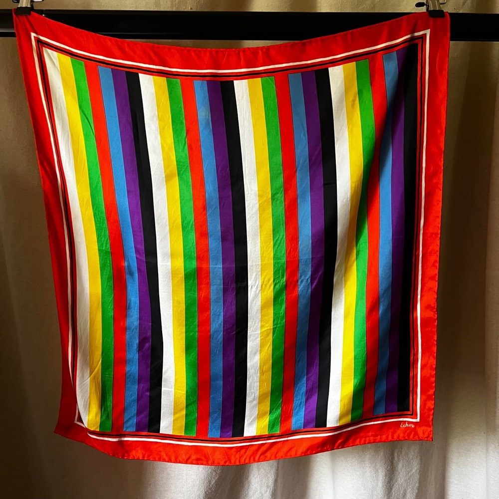 Echo Rainbow Stripe Scarf Silk Chiffon Square Scarf Colorblock Vintage 26x26